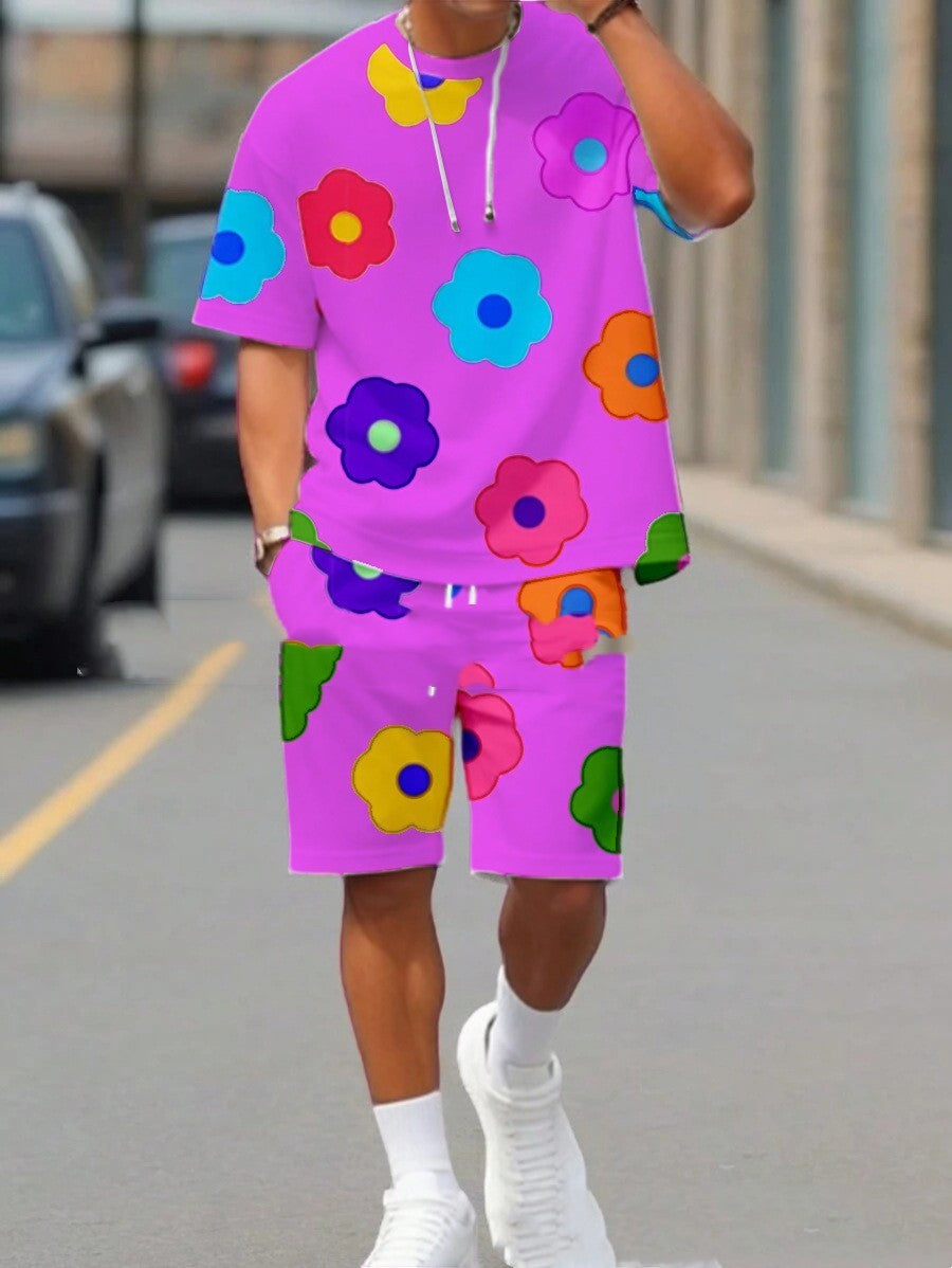 Colorful Flower 3D Digital Printing Men's Casual All-matching Loose Short Sleeve