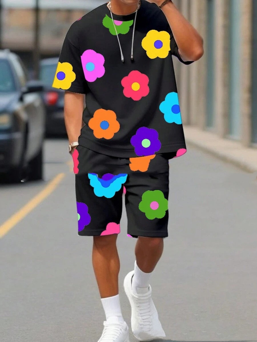 Colorful Flower 3D Digital Printing Men's Casual All-matching Loose Short Sleeve