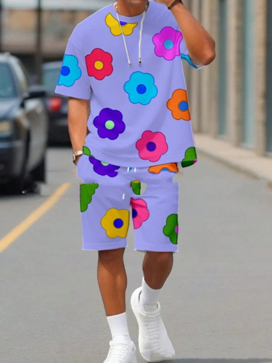 Colorful Flower 3D Digital Printing Men's Casual All-matching Loose Short Sleeve