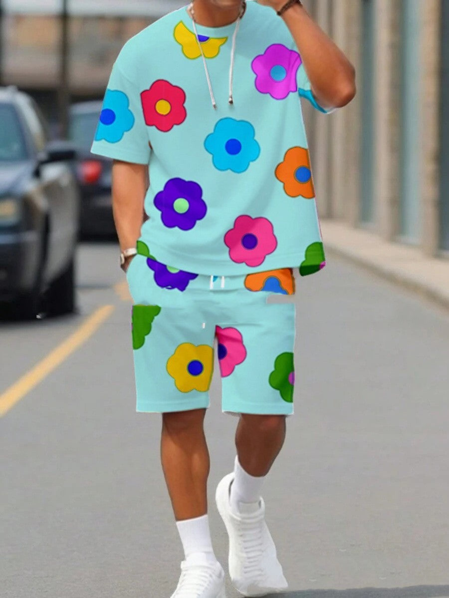 Colorful Flower 3D Digital Printing Men's Casual All-matching Loose Short Sleeve