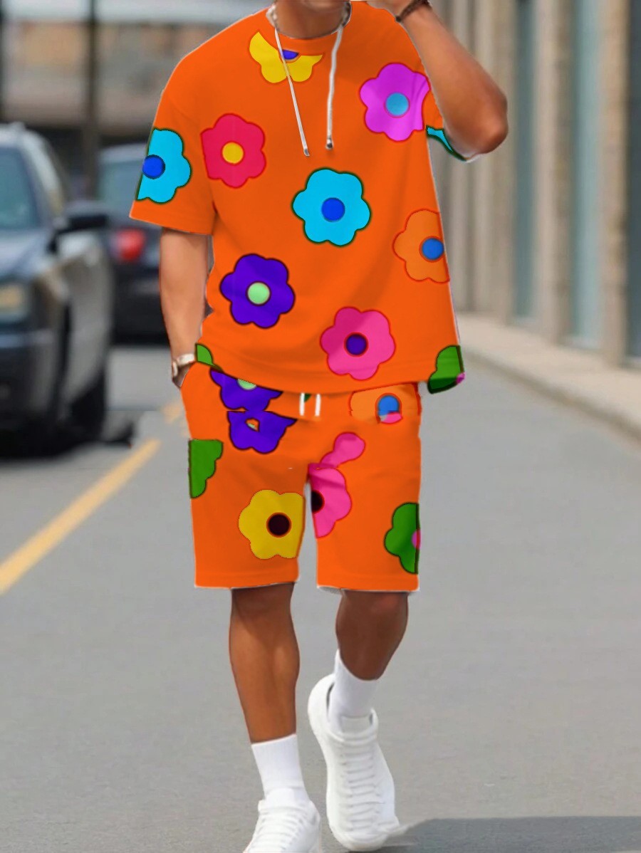 Colorful Flower 3D Digital Printing Men's Casual All-matching Loose Short Sleeve