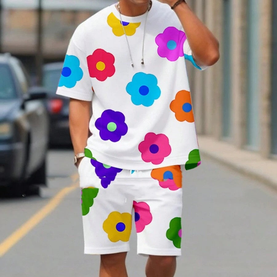 Colorful Flower 3D Digital Printing Men's Casual All-matching Loose Short Sleeve