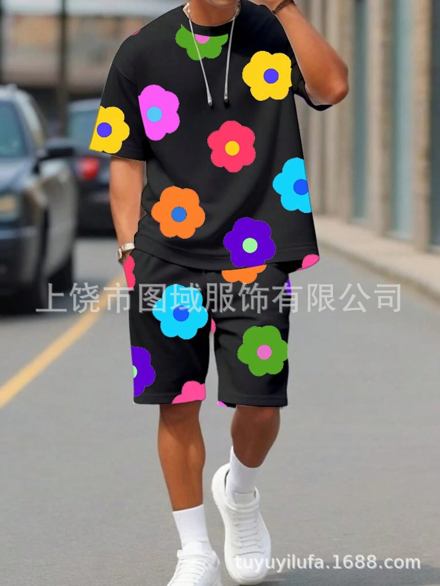 Colorful Flower 3D Digital Printing Men's Casual All-matching Loose Short Sleeve